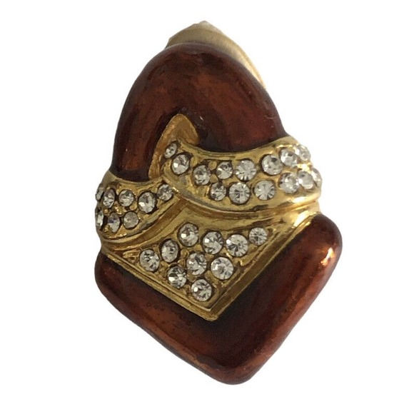 Vintage Clip Earrings Bronze Gold Enamel Rhinestone Crystal Chunky 1980s - Picture 6 of 8